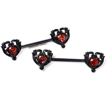 Load image into Gallery viewer, 14G 9/16 Red CZ Gem Black Passion Heart Barbell Nipple Ring Set