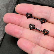 Load image into Gallery viewer, 14G 9/16 Red CZ Gem Black Passion Heart Barbell Nipple Ring Set