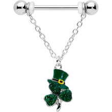 Load image into Gallery viewer, 14G 9/16 Green Gem Top Hat Shamrock Chain Dangle Nipple Ring Set
