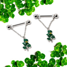 Load image into Gallery viewer, 14G 9/16 Green Gem Top Hat Shamrock Chain Dangle Nipple Ring Set