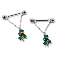 Load image into Gallery viewer, 14G 9/16 Green Gem Top Hat Shamrock Chain Dangle Nipple Ring Set