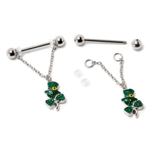 Load image into Gallery viewer, 14G 9/16 Green Gem Top Hat Shamrock Chain Dangle Nipple Ring Set
