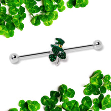 Load image into Gallery viewer, 14G Green Gem Top Hat Shamrock St Patricks Industrial Barbell 38mm