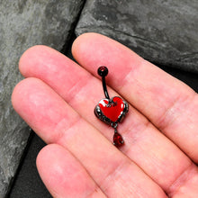 Load image into Gallery viewer, Red CZ Gem Black Double Skull Heart Dangle Belly Ring