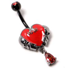 Load image into Gallery viewer, Red CZ Gem Black Double Skull Heart Dangle Belly Ring
