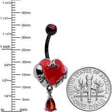 Load image into Gallery viewer, Red CZ Gem Black Double Skull Heart Dangle Belly Ring