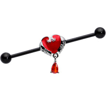 Load image into Gallery viewer, 14G Red CZ Gem Black Duo Skull Heart Dangle Industrial Barbell 38mm