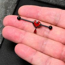 Load image into Gallery viewer, 14G Red CZ Gem Black Duo Skull Heart Dangle Industrial Barbell 38mm