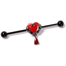 Load image into Gallery viewer, 14G Red CZ Gem Black Duo Skull Heart Dangle Industrial Barbell 38mm