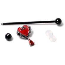 Load image into Gallery viewer, 14G Red CZ Gem Black Duo Skull Heart Dangle Industrial Barbell 38mm