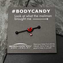 Load image into Gallery viewer, 14G Red CZ Gem Black Duo Skull Heart Dangle Industrial Barbell 38mm
