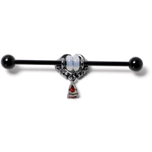 Load image into Gallery viewer, 14G Red CZ Gem Black Duo Skull Heart Dangle Industrial Barbell 38mm
