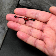 Load image into Gallery viewer, 14G Red CZ Gem Black Duo Skull Heart Dangle Industrial Barbell 38mm