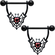 Load image into Gallery viewer, 14G 11/16 Red Gem Black Gothic Bat Heart Nipple Shield Set