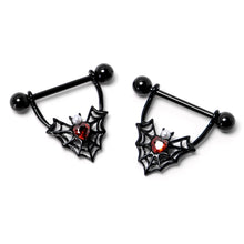 Load image into Gallery viewer, 14G 11/16 Red Gem Black Gothic Bat Heart Nipple Shield Set