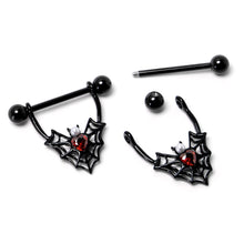 Load image into Gallery viewer, 14G 11/16 Red Gem Black Gothic Bat Heart Nipple Shield Set