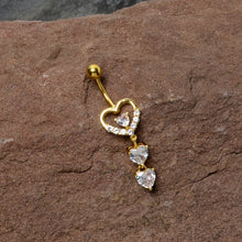 Load image into Gallery viewer, Clear CZ Gem Gold Tone Opulent Heart Quartet Dangle Belly Ring