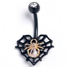 Load image into Gallery viewer, Clear Gem Black Golden Spider Web Heart Belly Ring