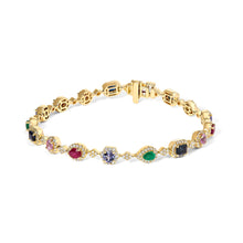 Load image into Gallery viewer, 14K Yellow Gold Multi-Gemstone and Diamond Halo Rainbow Link Bracelet
