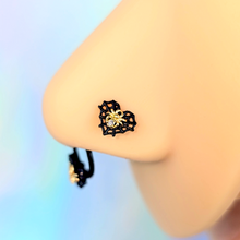 Load image into Gallery viewer, 20G 7mm Clear Gem Black Golden Spider Web Heart L Shape Nose Ring