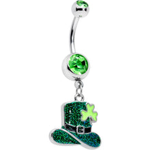 Load image into Gallery viewer, Green Gem Glitter Top Hat Shamrock St Patricks Day Dangle Belly Ring