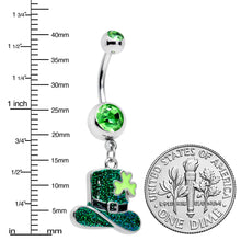 Load image into Gallery viewer, Green Gem Glitter Top Hat Shamrock St Patricks Day Dangle Belly Ring