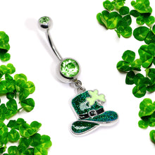 Load image into Gallery viewer, Green Gem Glitter Top Hat Shamrock St Patricks Day Dangle Belly Ring