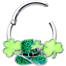 Load image into Gallery viewer, 16G 3/8 Glitter Top Hat Shamrocks St Patricks Hinged Segment Ring