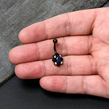 Load image into Gallery viewer, Purple Clear Gem Black Scrolling Hearts Belly Ring