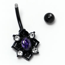 Load image into Gallery viewer, Purple Clear Gem Black Scrolling Hearts Belly Ring