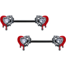 Load image into Gallery viewer, 14G 9/16 Clear Gem Black Bleeding Heart Barbell Nipple Ring Set