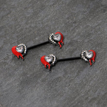 Load image into Gallery viewer, 14G 9/16 Clear Gem Black Bleeding Heart Barbell Nipple Ring Set