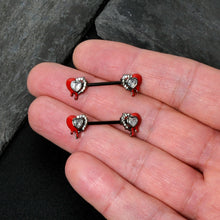 Load image into Gallery viewer, 14G 9/16 Clear Gem Black Bleeding Heart Barbell Nipple Ring Set