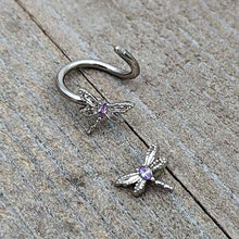 Load image into Gallery viewer, Purple CZ Gem Open Dragonfly Spiral Twister Belly Ring