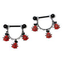 Load image into Gallery viewer, 14G 9/16 Black Classic Ladybug Dangle Nipple Ring Set