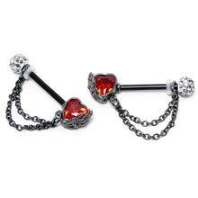 Load image into Gallery viewer, 14G 9/16 Red CZ Gem Black Heart Hand Chain Dangle Nipple Ring Set