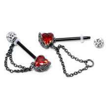 Load image into Gallery viewer, 14G 9/16 Red CZ Gem Black Heart Hand Chain Dangle Nipple Ring Set