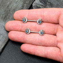 Load image into Gallery viewer, 14G 9/16 Blue CZ Gem Heart Web Moon Barbell Nipple Ring Set
