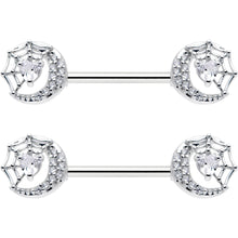 Load image into Gallery viewer, 14G 9/16 Clear CZ Gem Heart Web Moon Barbell Nipple Ring Set