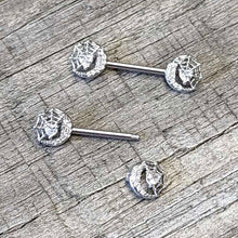 Load image into Gallery viewer, 14G 9/16 Clear CZ Gem Heart Web Moon Barbell Nipple Ring Set