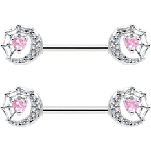 Load image into Gallery viewer, 14G 9/16 Pink CZ Gem Heart Web Moon Barbell Nipple Ring Set