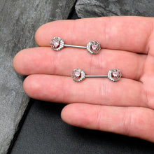 Load image into Gallery viewer, 14G 9/16 Pink CZ Gem Heart Web Moon Barbell Nipple Ring Set