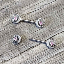 Load image into Gallery viewer, 14G 9/16 Pink CZ Gem Heart Web Moon Barbell Nipple Ring Set