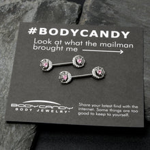 Load image into Gallery viewer, 14G 9/16 Pink CZ Gem Heart Web Moon Barbell Nipple Ring Set