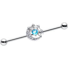 Load image into Gallery viewer, 14G Blue CZ Gem Heart Web Moon Industrial Barbell 38mm