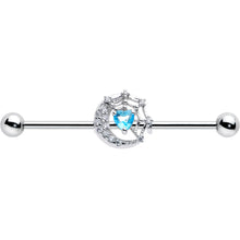 Load image into Gallery viewer, 14G Blue CZ Gem Heart Web Moon Industrial Barbell 38mm