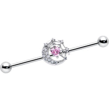Load image into Gallery viewer, 14G Pink CZ Gem Heart Web Moon Industrial Barbell 38mm