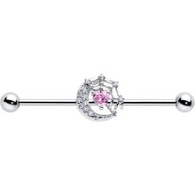 Load image into Gallery viewer, 14G Pink CZ Gem Heart Web Moon Industrial Barbell 38mm