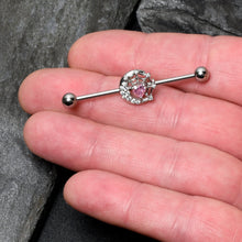 Load image into Gallery viewer, 14G Pink CZ Gem Heart Web Moon Industrial Barbell 38mm