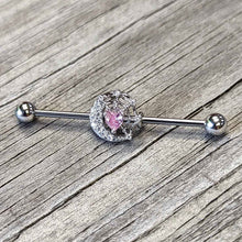 Load image into Gallery viewer, 14G Pink CZ Gem Heart Web Moon Industrial Barbell 38mm
